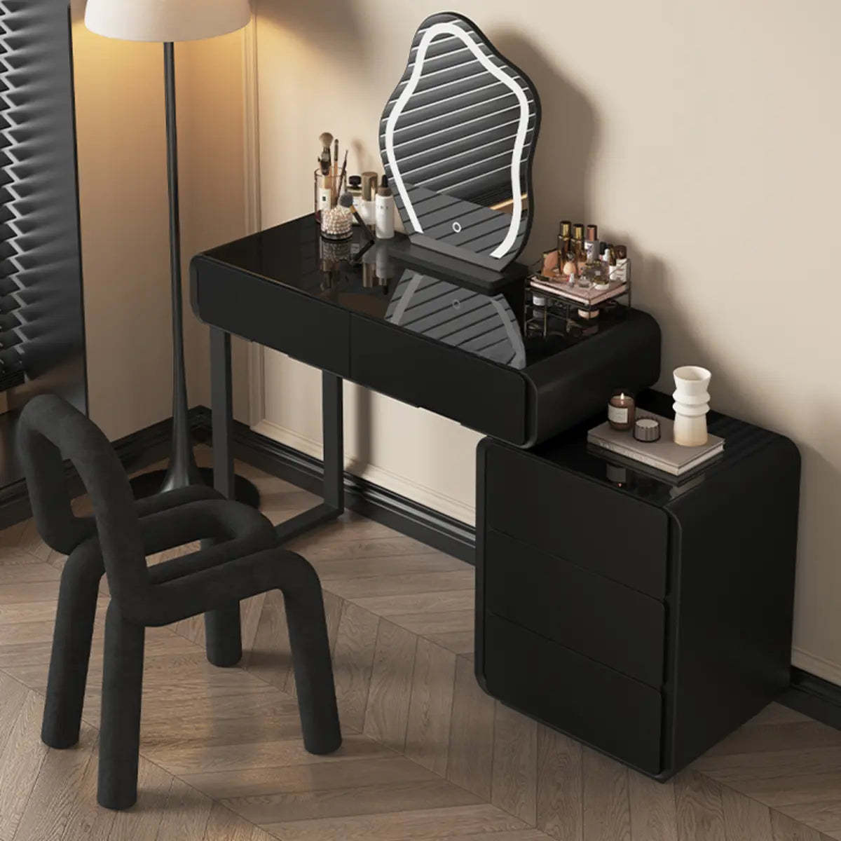Modern Abstract Black Wood LED Mirror Vanity
