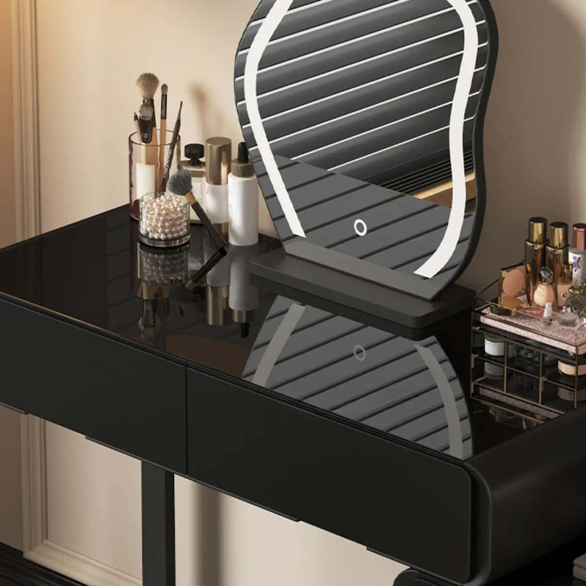 Modern Abstract Black Wood LED Mirror Vanity