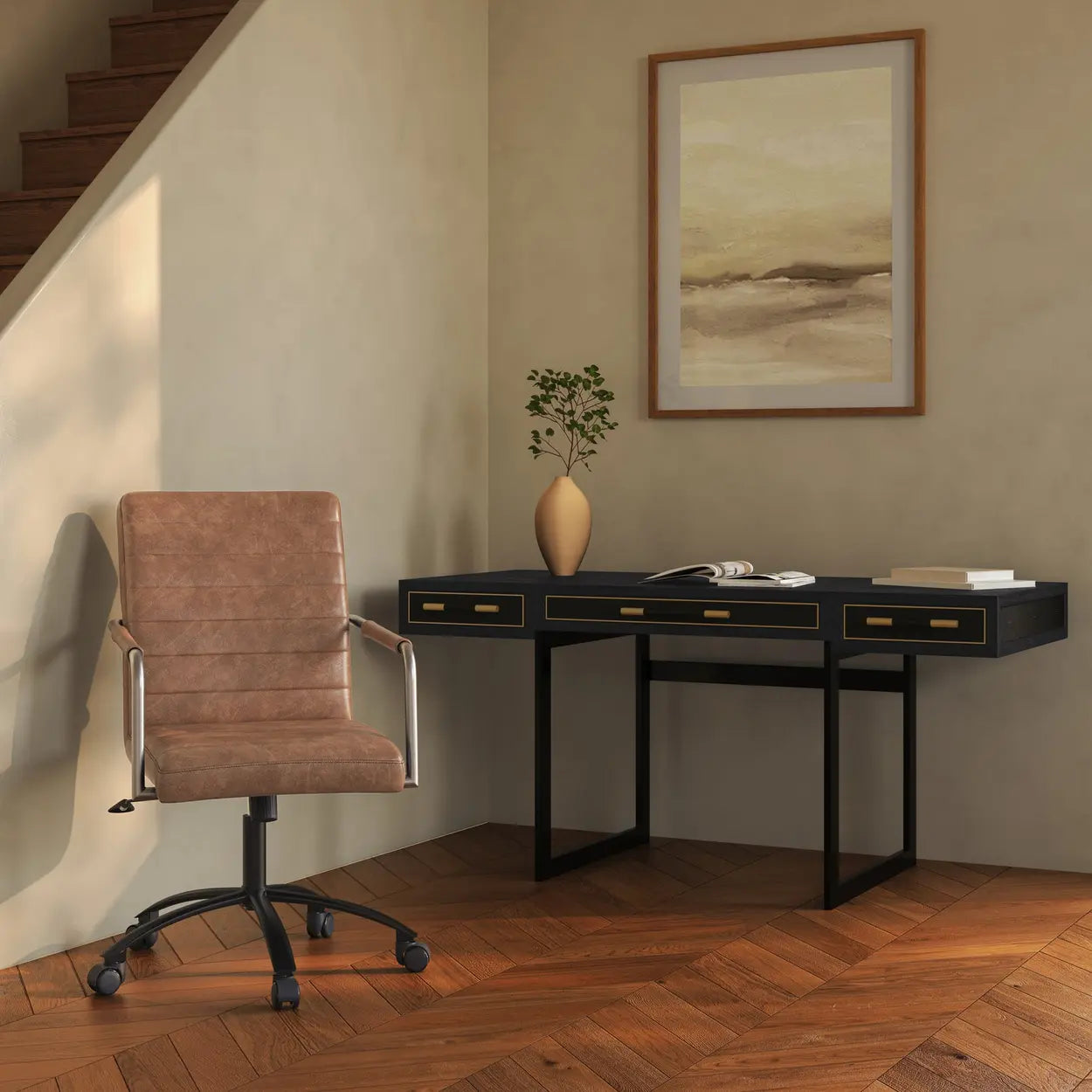 Modern Adjustable Black Leather Swivel Office Chair — Brown