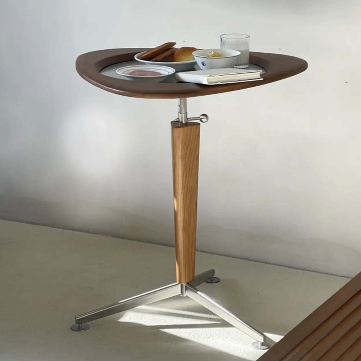 Modern Adjustable Brown Triangular Wood Side Table — Oak