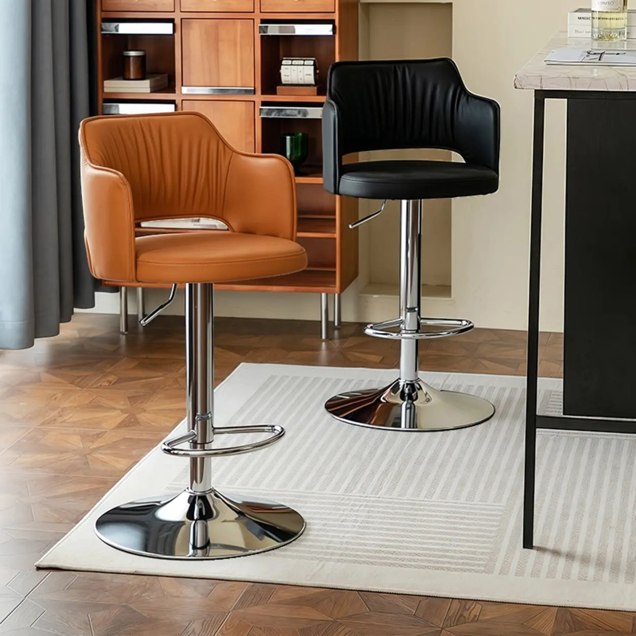 Modern Adjustable Rotating Barrel Bar Stool with Arms — Black / Black