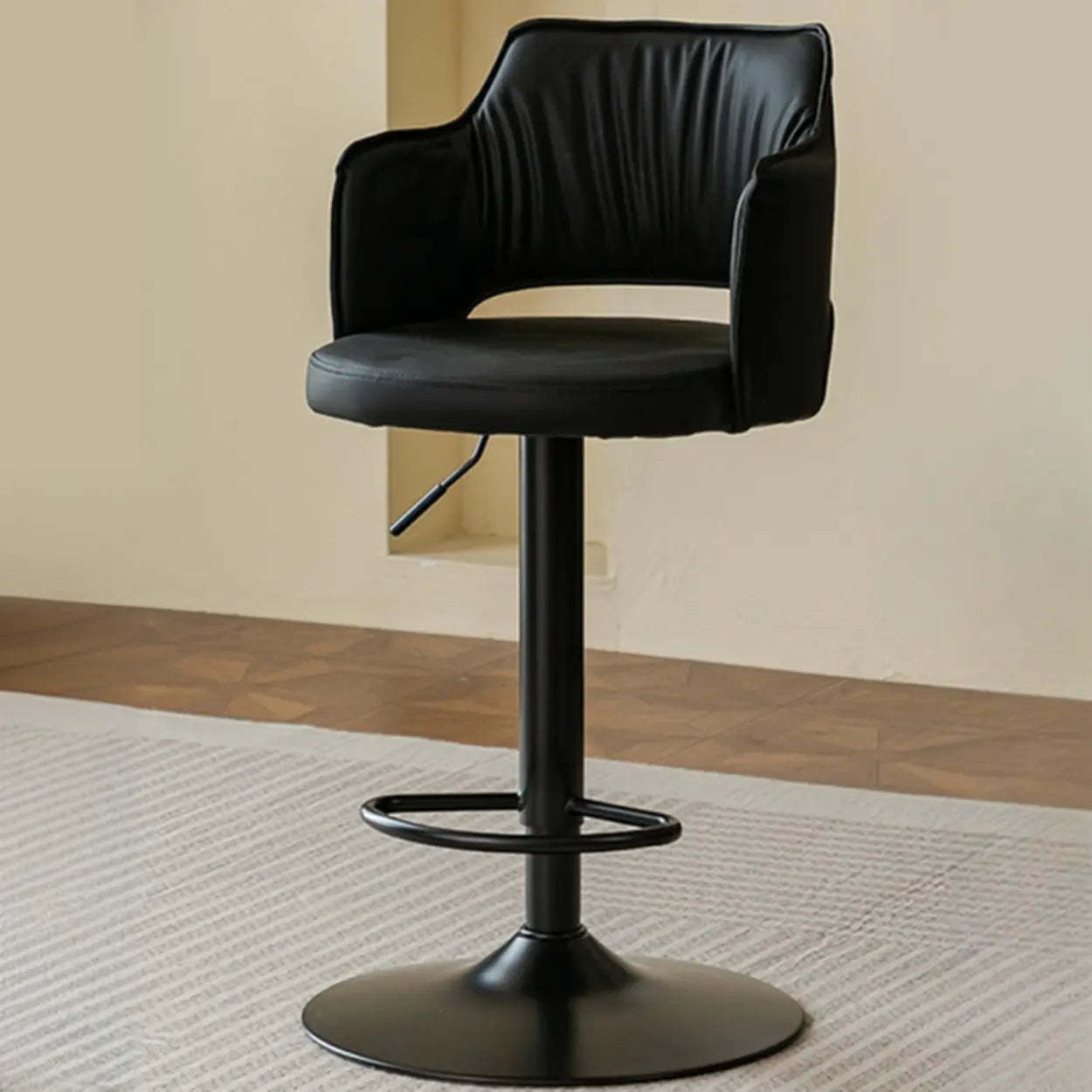 Modern Adjustable Rotating Barrel Bar Stool with Arms — Silver / Black