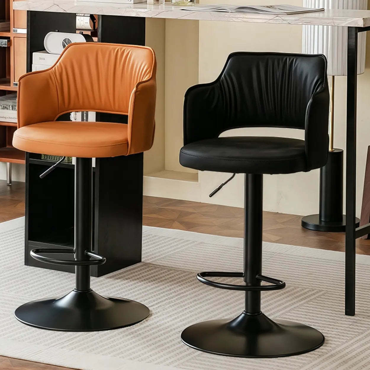 Modern Adjustable Rotating Barrel Bar Stool with Arms — Silver / Orange