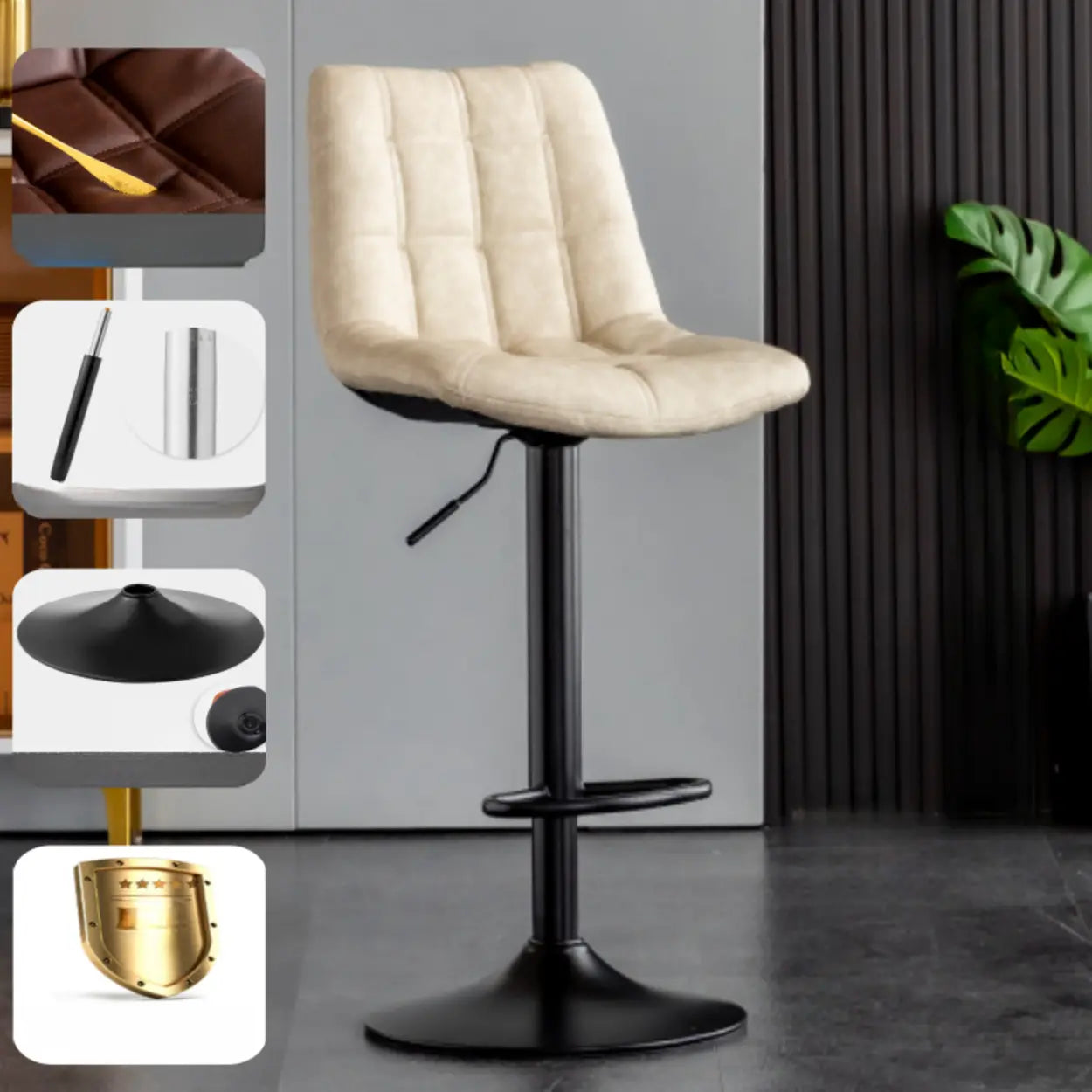 Square Adjustable Height Bar Stool with Rotating Back — Silver / Brown