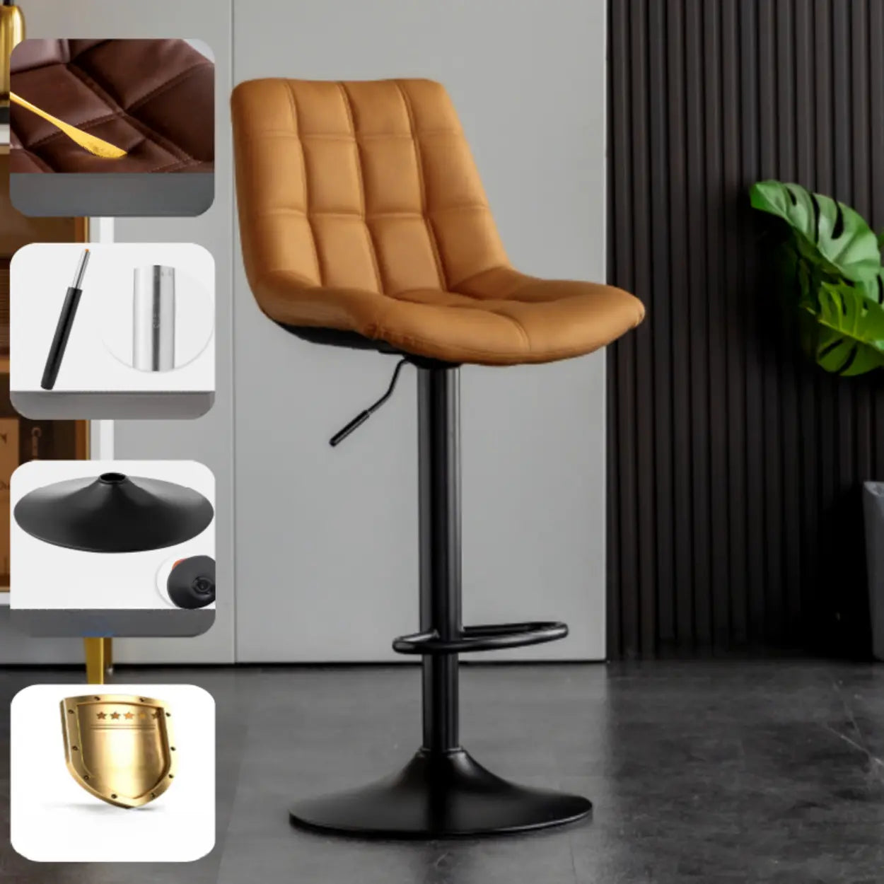 Square Adjustable Height Bar Stool with Rotating Back — Black / Brown