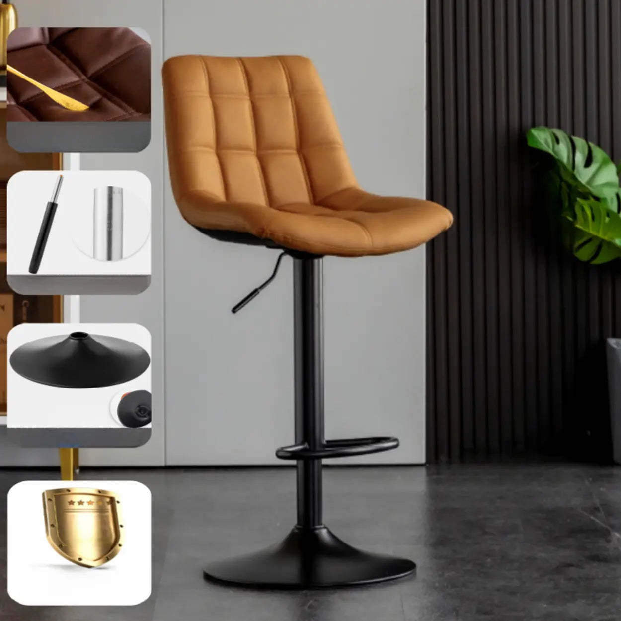 Square Adjustable Height Bar Stool with Rotating Back — Black / Brown