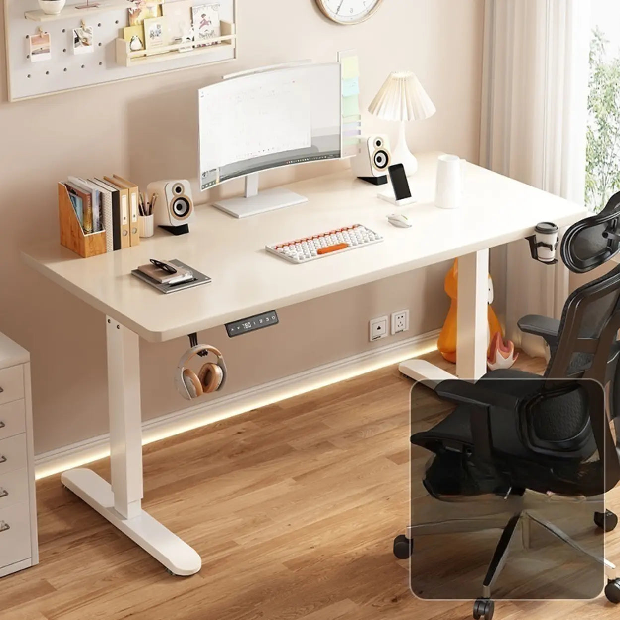 Modern Adjustable Wood T-Shape Standing Desk — Without Chairs / Black-White