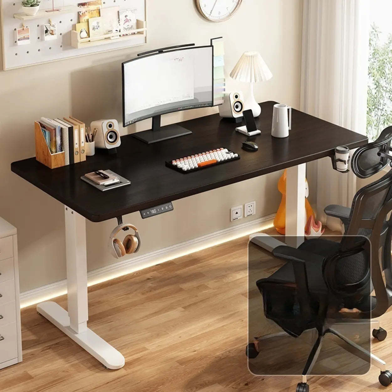 Modern Adjustable Wood T-Shape Standing Desk — Without Chairs / Black-White