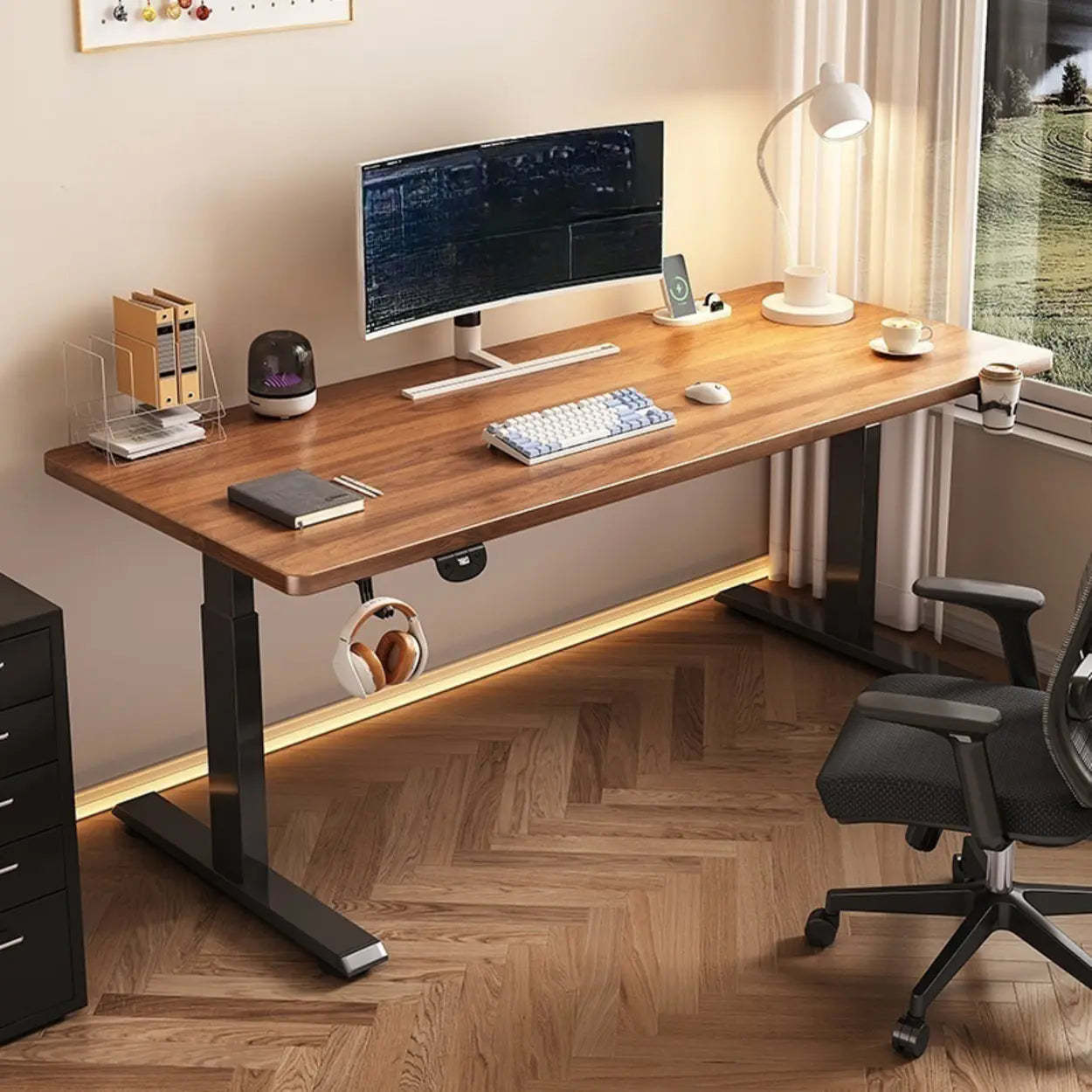 Modern Adjustable Wood T-Shape Standing Desk — Without Chairs / Black-Black