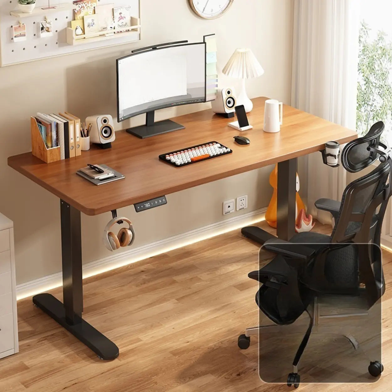 Modern Adjustable Wood T-Shape Standing Desk — Without Chairs / Black-Black