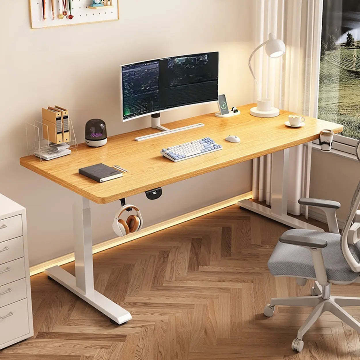 Modern Adjustable Wood T-Shape Standing Desk — Without Chairs / Black-Black