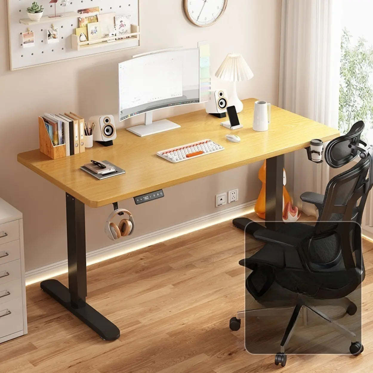 Modern Adjustable Wood T-Shape Standing Desk — Without Chairs / Black-Black