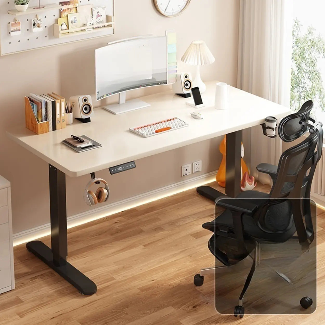 Modern Adjustable Wood T-Shape Standing Desk — Without Chairs / Black-Black