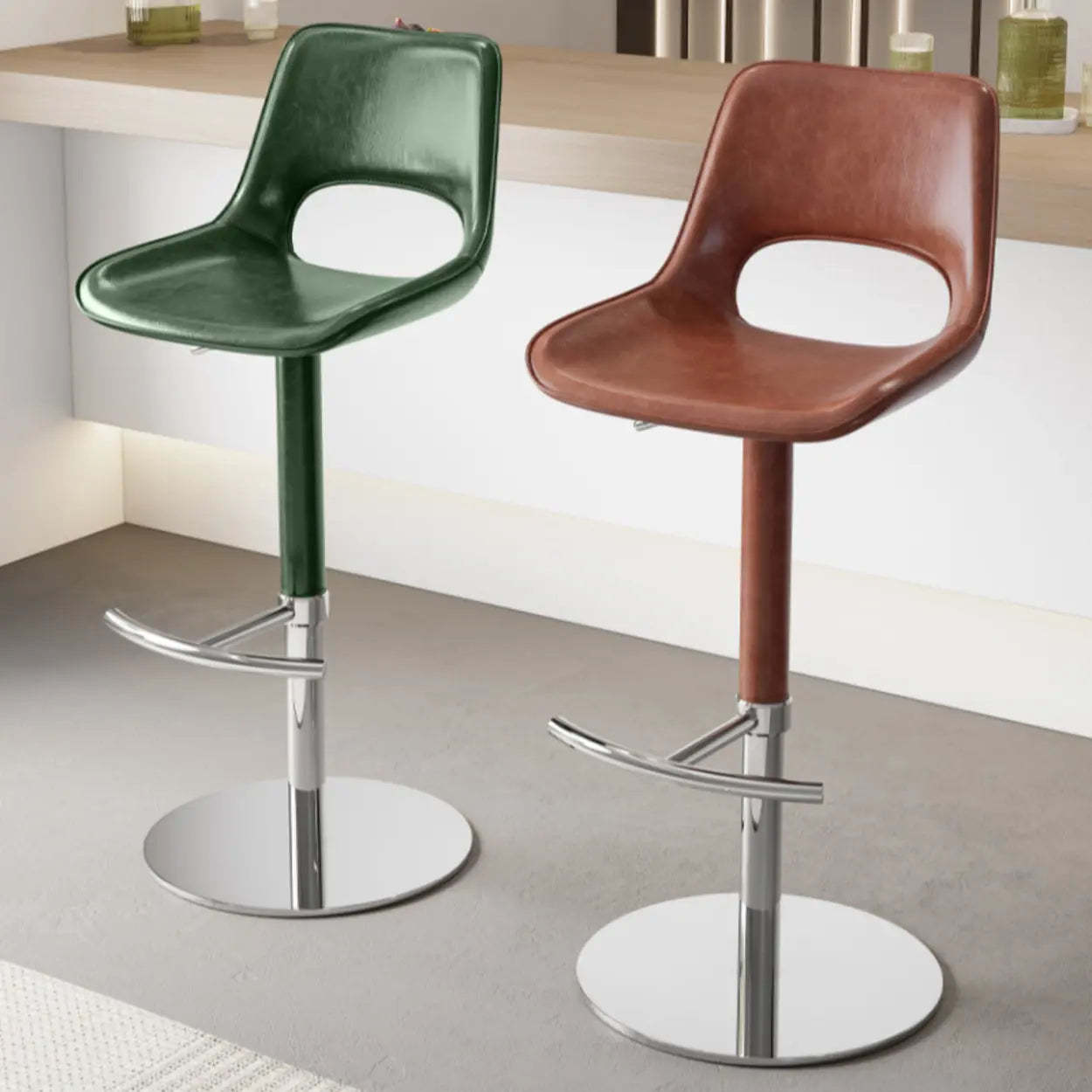 Modern Swivel Leather Low Back Bucket Bar Stool — Black / Gold