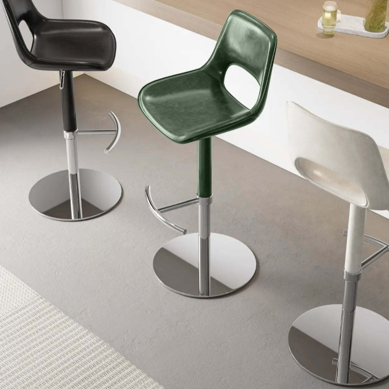 Modern Swivel Leather Low Back Bucket Bar Stool — Black / Silver