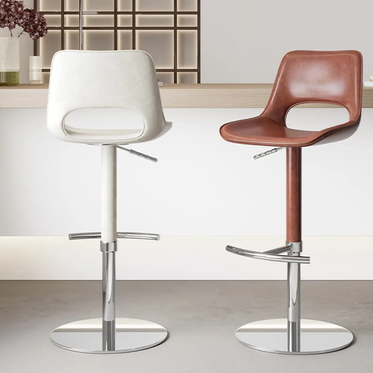 Modern Swivel Leather Low Back Bucket Bar Stool — White / Gold