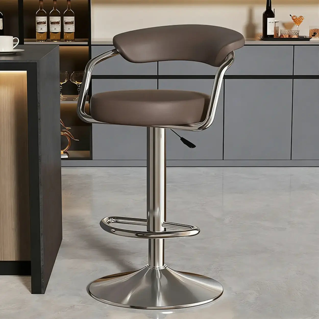 Modern Swivel Leather Open Back Bar Stool — Brown / Electrosilvering / 15.1”