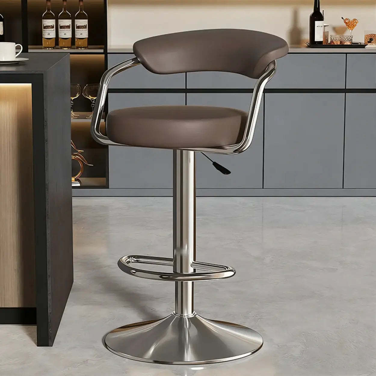 Gray leather back open bar & counter stools - modern — 20.5" L x 15.1" W x 24.4"-33" H / Brown / Silver