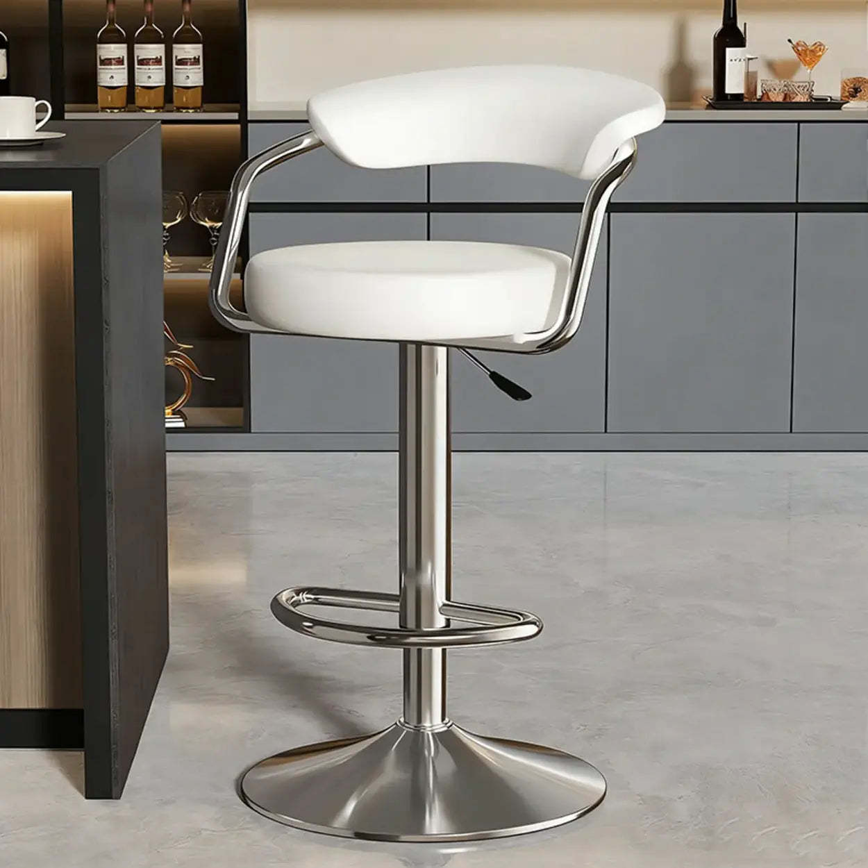 Modern Swivel Leather Open Back Bar Stool — Brown / Electrosilvering / 16.3”