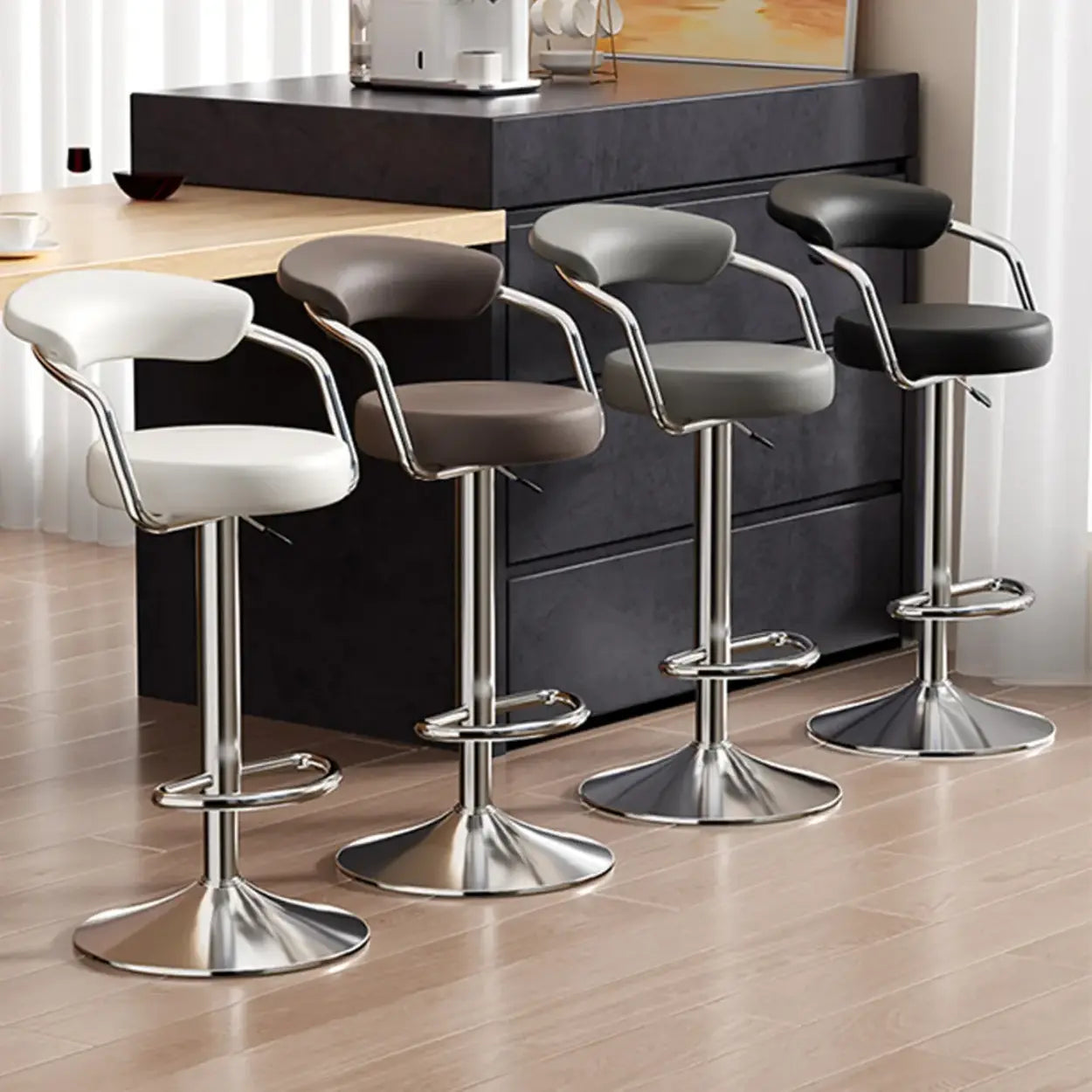 Modern Swivel Leather Open Back Bar Stool — White / Electrosilvering / 15.1”