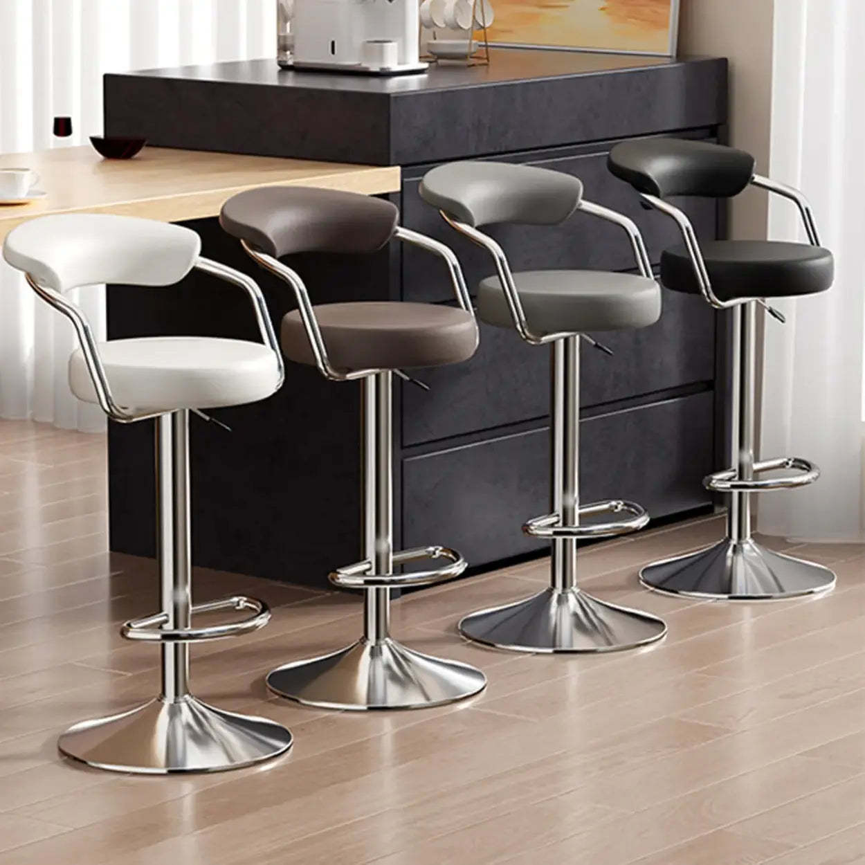 Modern Swivel Leather Open Back Bar Stool — White / Electrosilvering / 15.1”