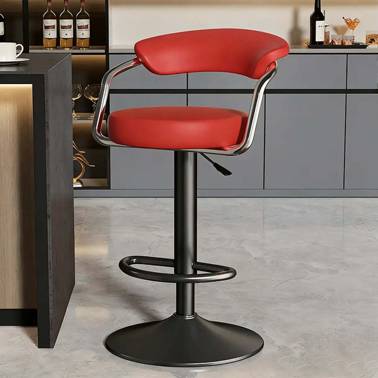 Modern Swivel Leather Open Back Bar Stool — Black / Black / 15.1”