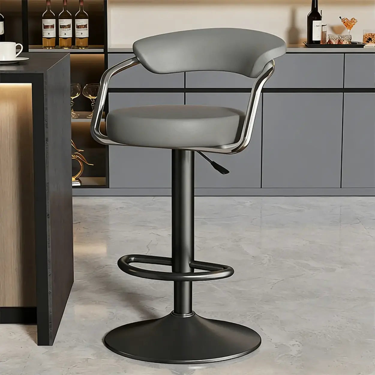 Modern Swivel Leather Open Back Bar Stool — Black / Black / 16.3”