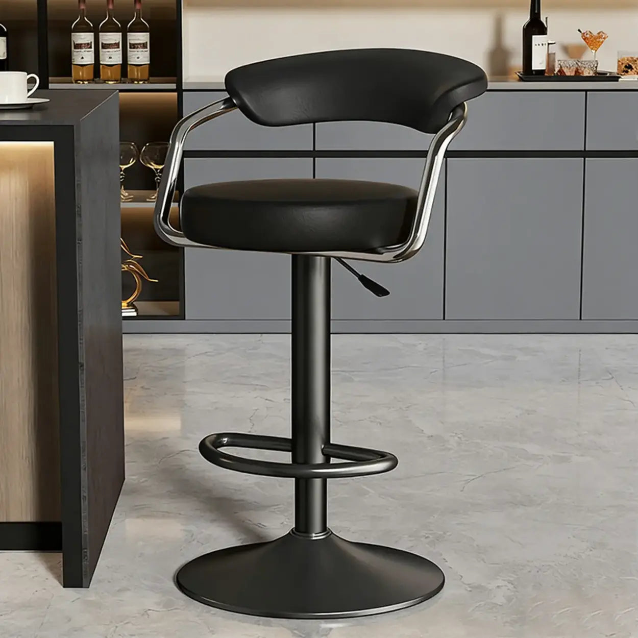 Modern Swivel Leather Open Back Bar Stool — Black / Electrosilvering / 15.1”