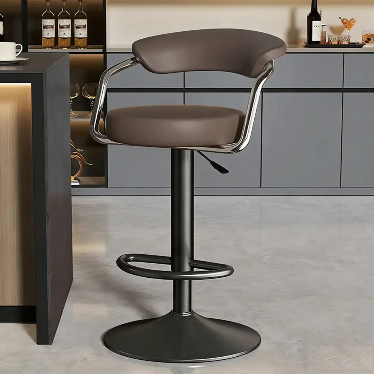Modern Swivel Leather Open Back Bar Stool — Black / Electrosilvering / 16.3”