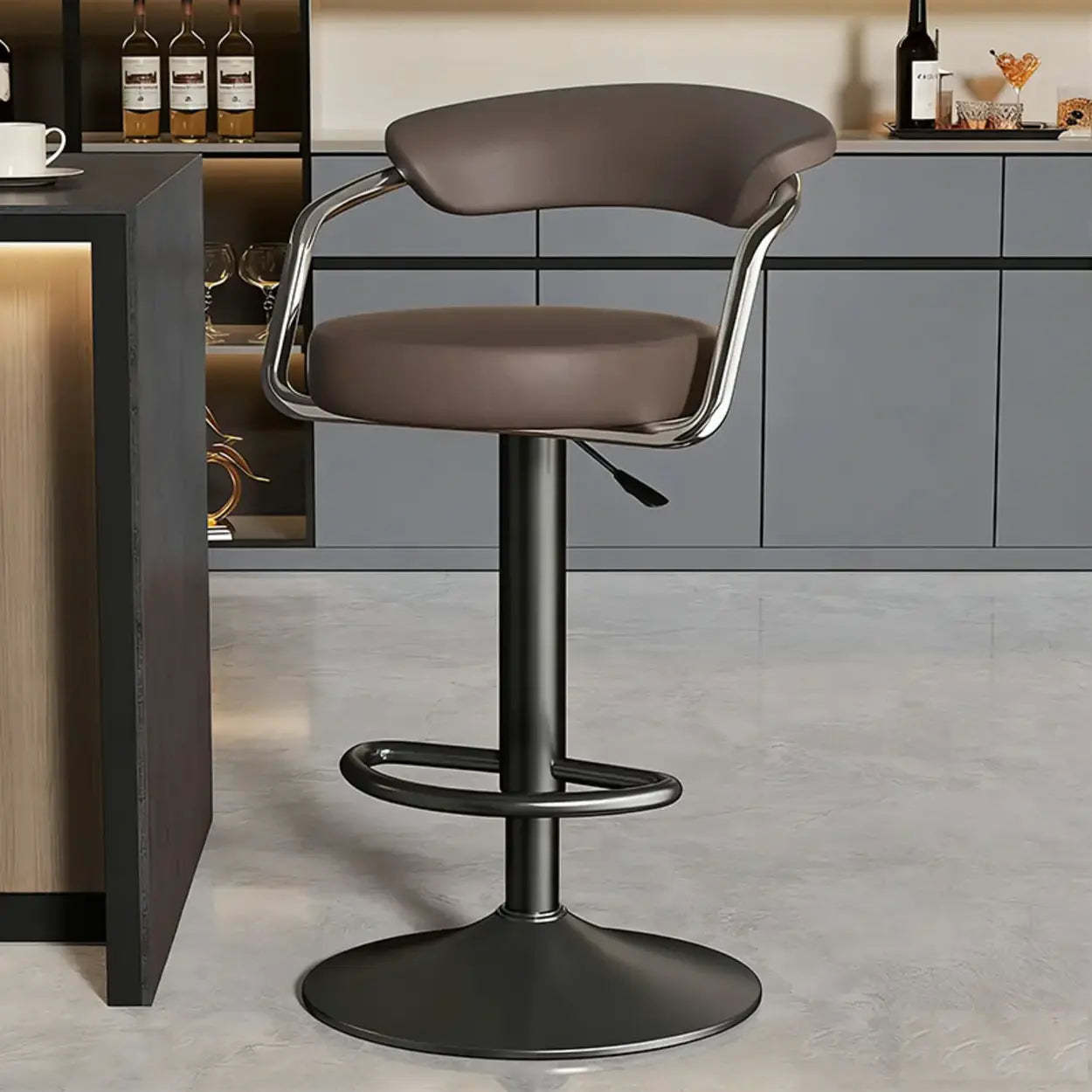 Modern Swivel Leather Open Back Bar Stool — Black / Electrosilvering / 16.3”