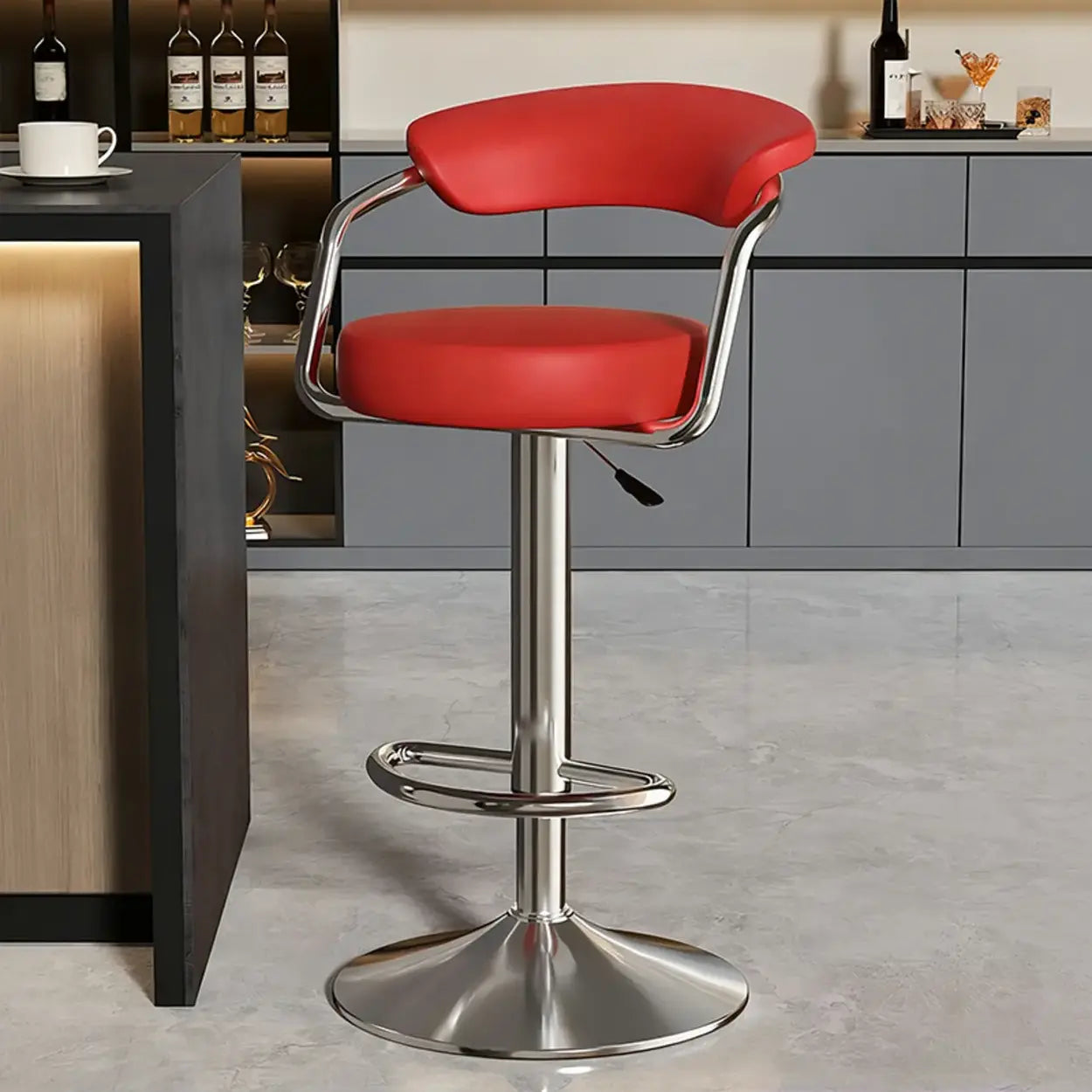 Modern Swivel Leather Open Back Bar Stool — Brown / Black / 15.1”