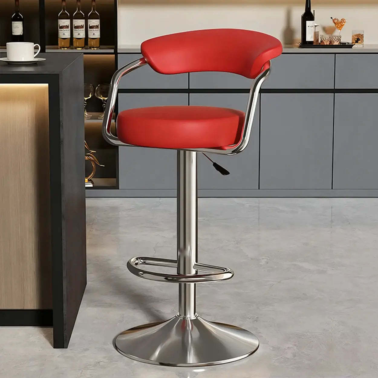 Modern Swivel Leather Open Back Bar Stool — Brown / Black / 15.1”