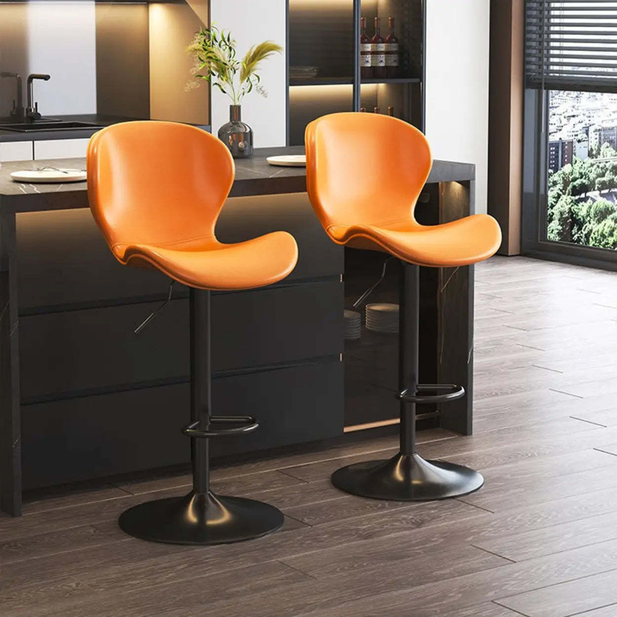 Modern Swivel Orange Saddle Bar Stool — Black / Black