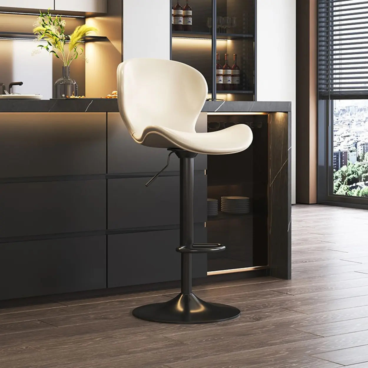 Modern Swivel Orange Saddle Bar Stool — Black / Silver