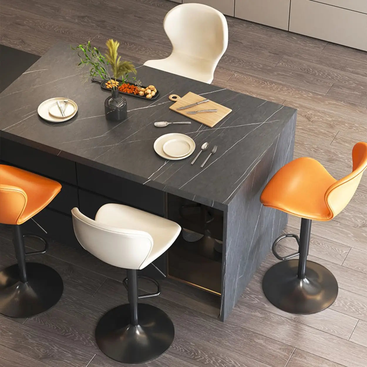 Modern Swivel Orange Saddle Bar Stool — Brown / Silver