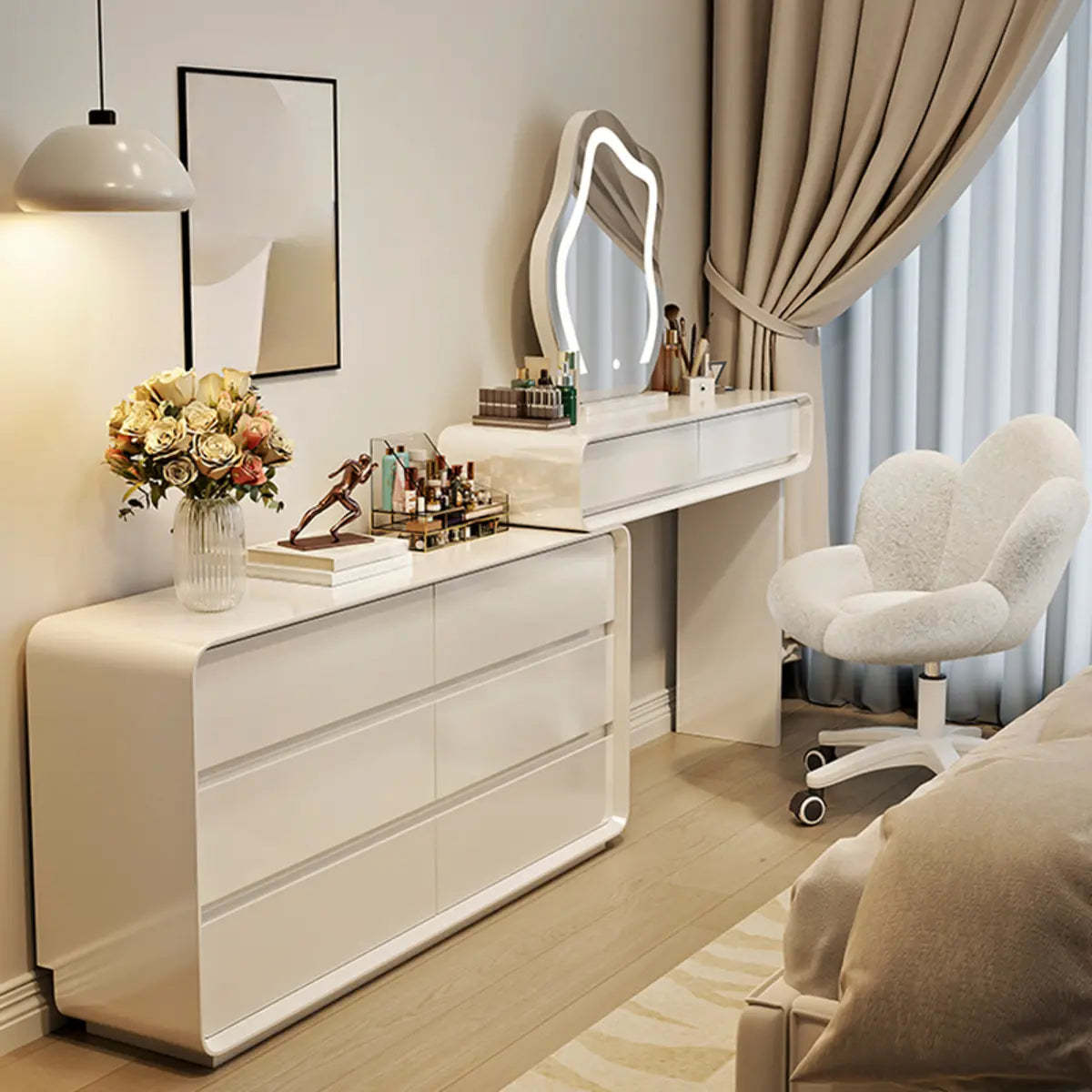 Modern White Wood Adjustable 5-Drawer Vanity — Khaki