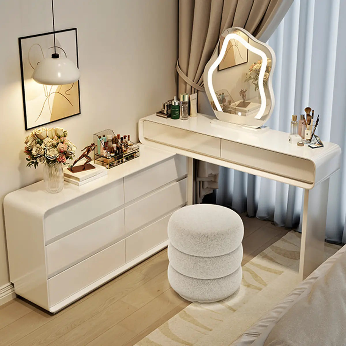 Modern White Wood Adjustable 5-Drawer Vanity — Khaki