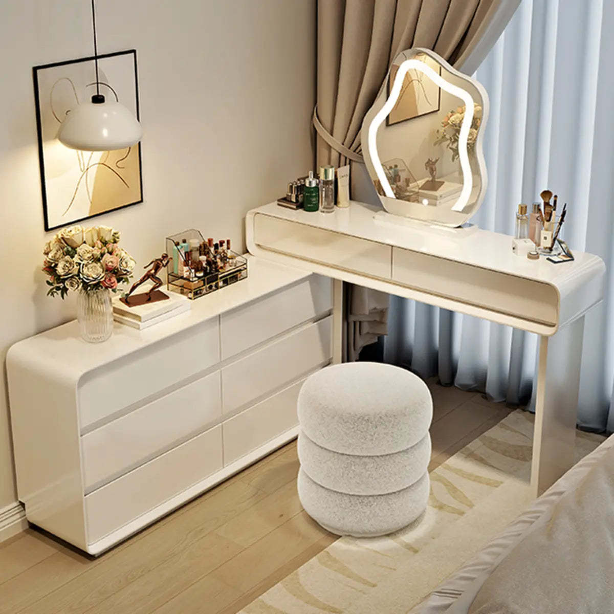 Modern White Wood Adjustable 5-Drawer Vanity — Khaki