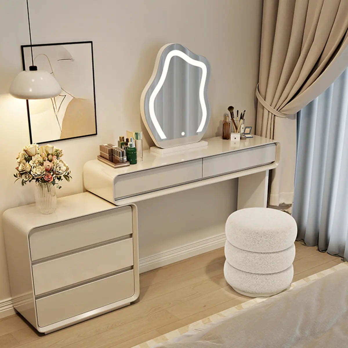 Modern White Wood Adjustable 5-Drawer Vanity — Khaki