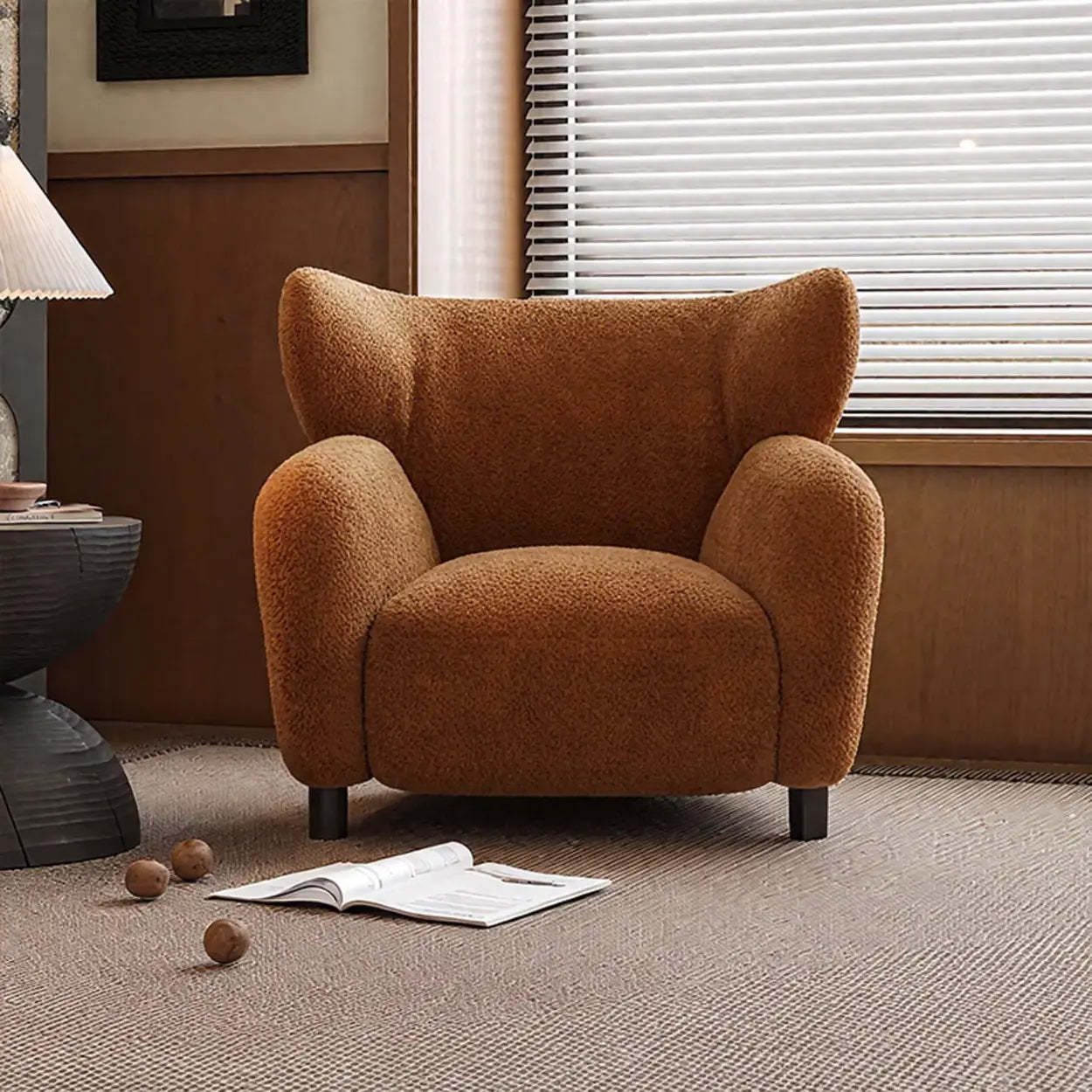 Modern Apricot Chenille Wingback Accent Chair with Arms
