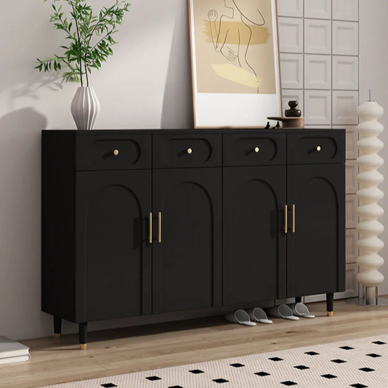 Modern White Arch Engineered Wood Shoe Cabinet — Black