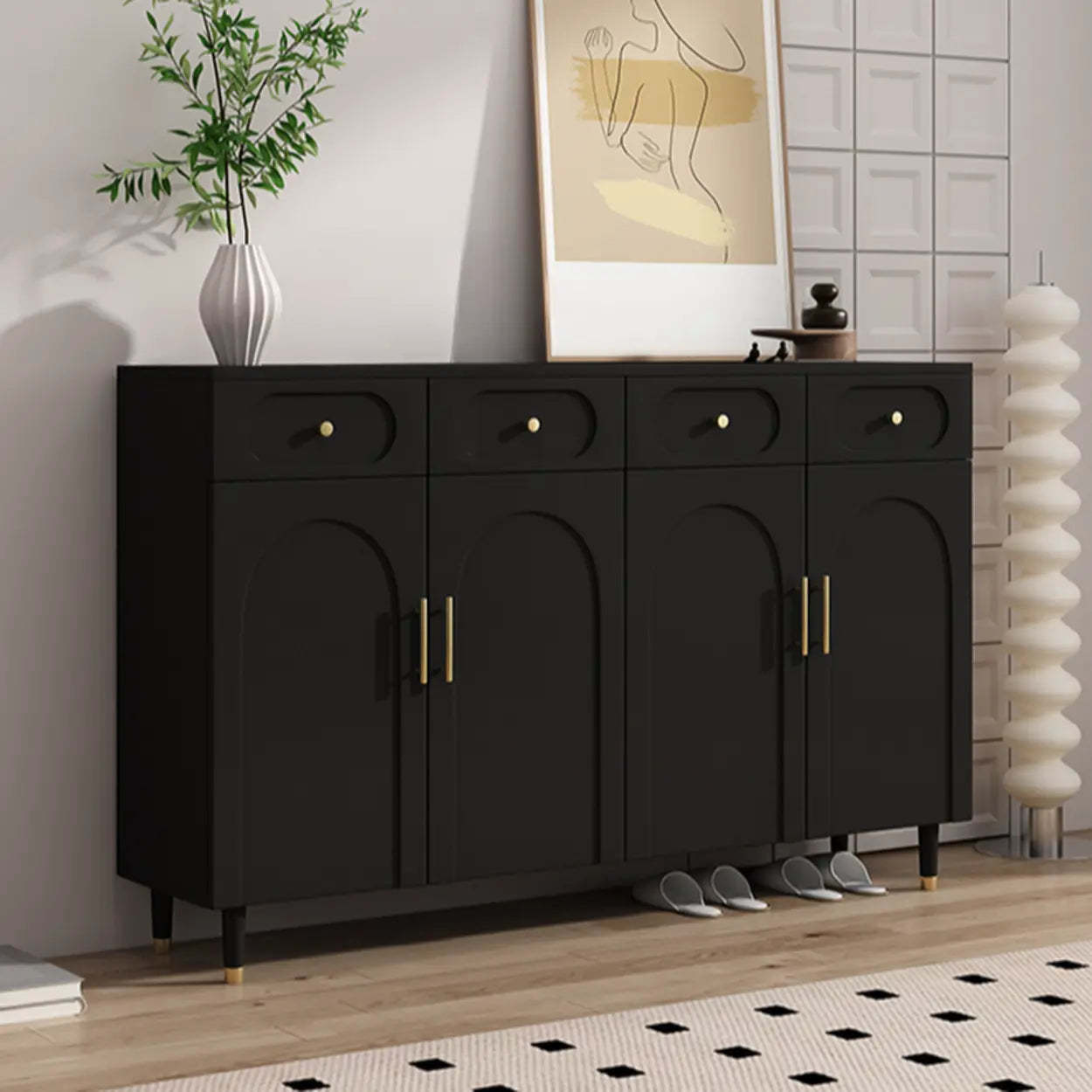 Modern White Arch Engineered Wood Shoe Cabinet — Black