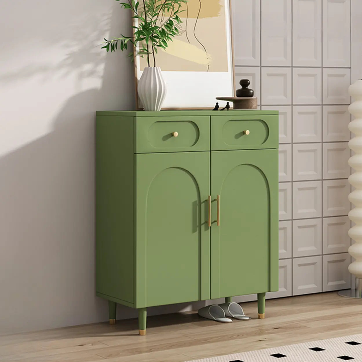 Modern White Arch Engineered Wood Shoe Cabinet — Fruit Green