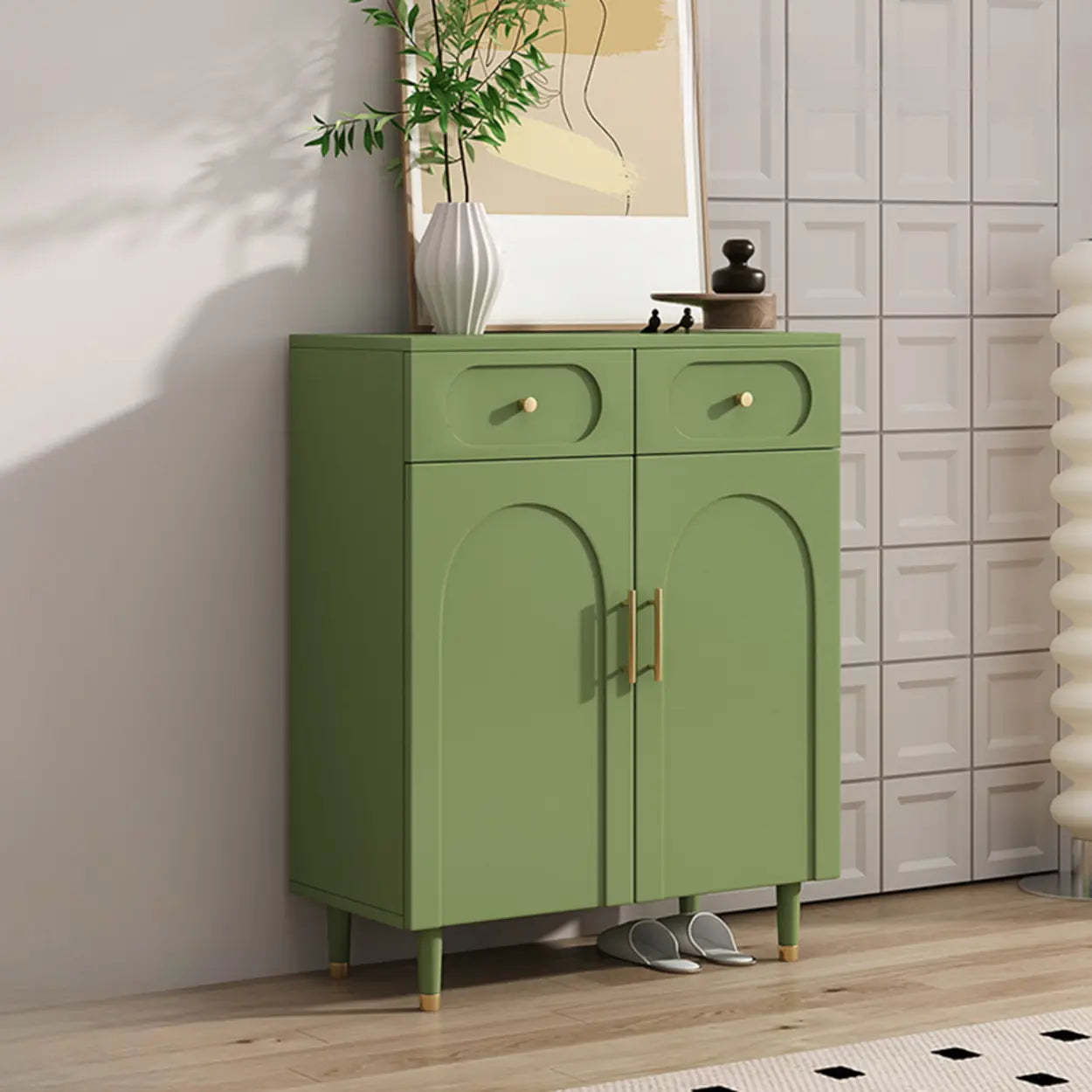 Modern White Arch Engineered Wood Shoe Cabinet — Fruit Green