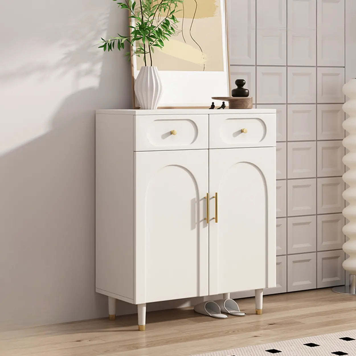 Modern White Arch Engineered Wood Shoe Cabinet — Fruit Green