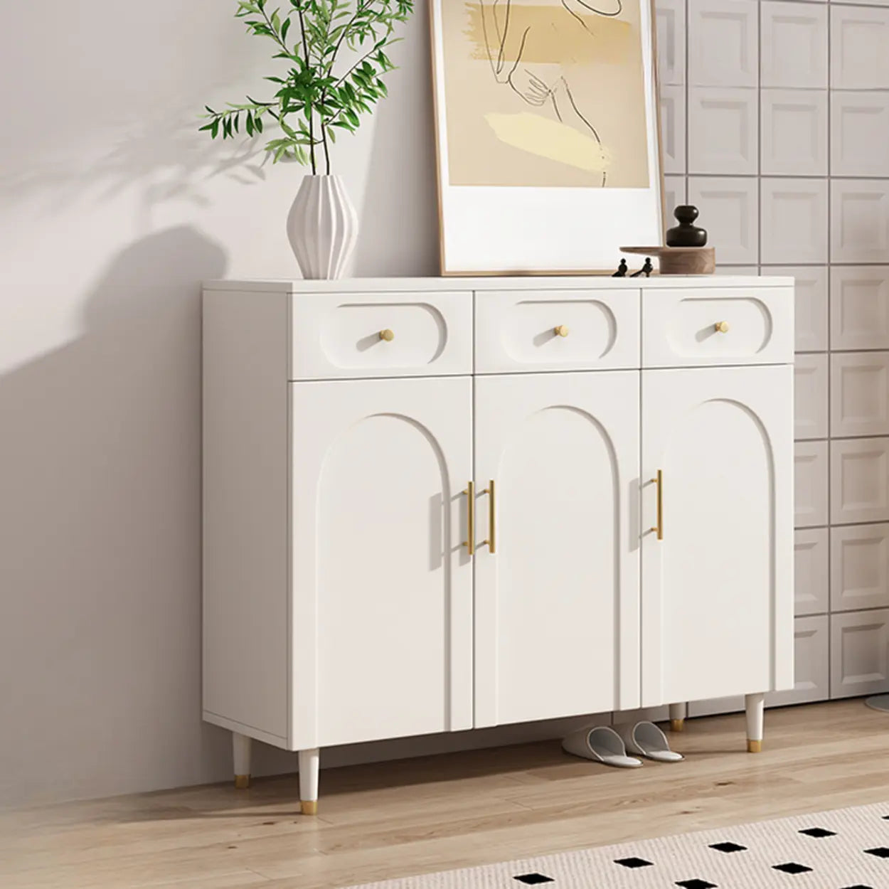 Modern White Arch Engineered Wood Shoe Cabinet — Cream White
