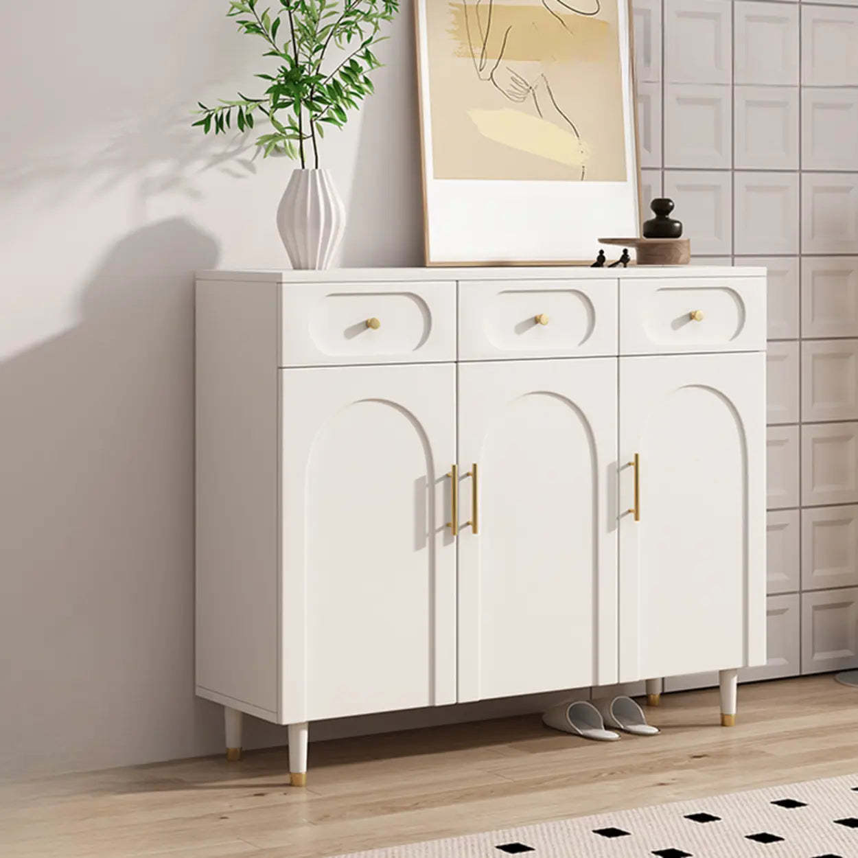 Modern White Arch Engineered Wood Shoe Cabinet — Cream White