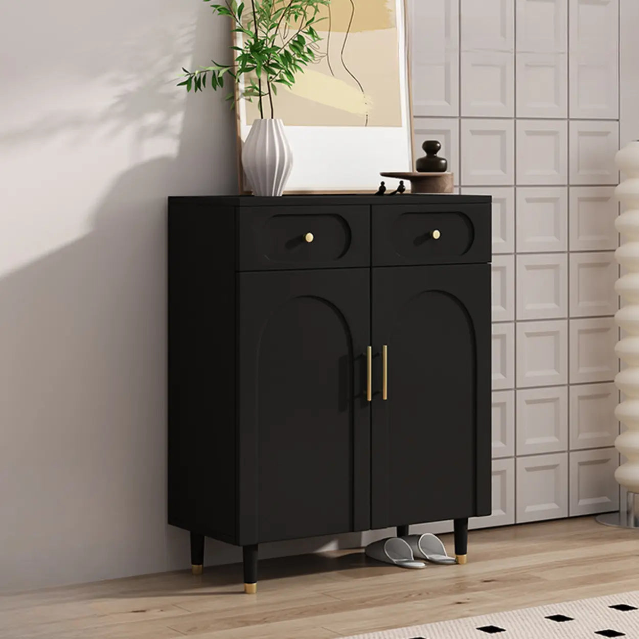Modern White Arch Engineered Wood Shoe Cabinet — Fruit Green