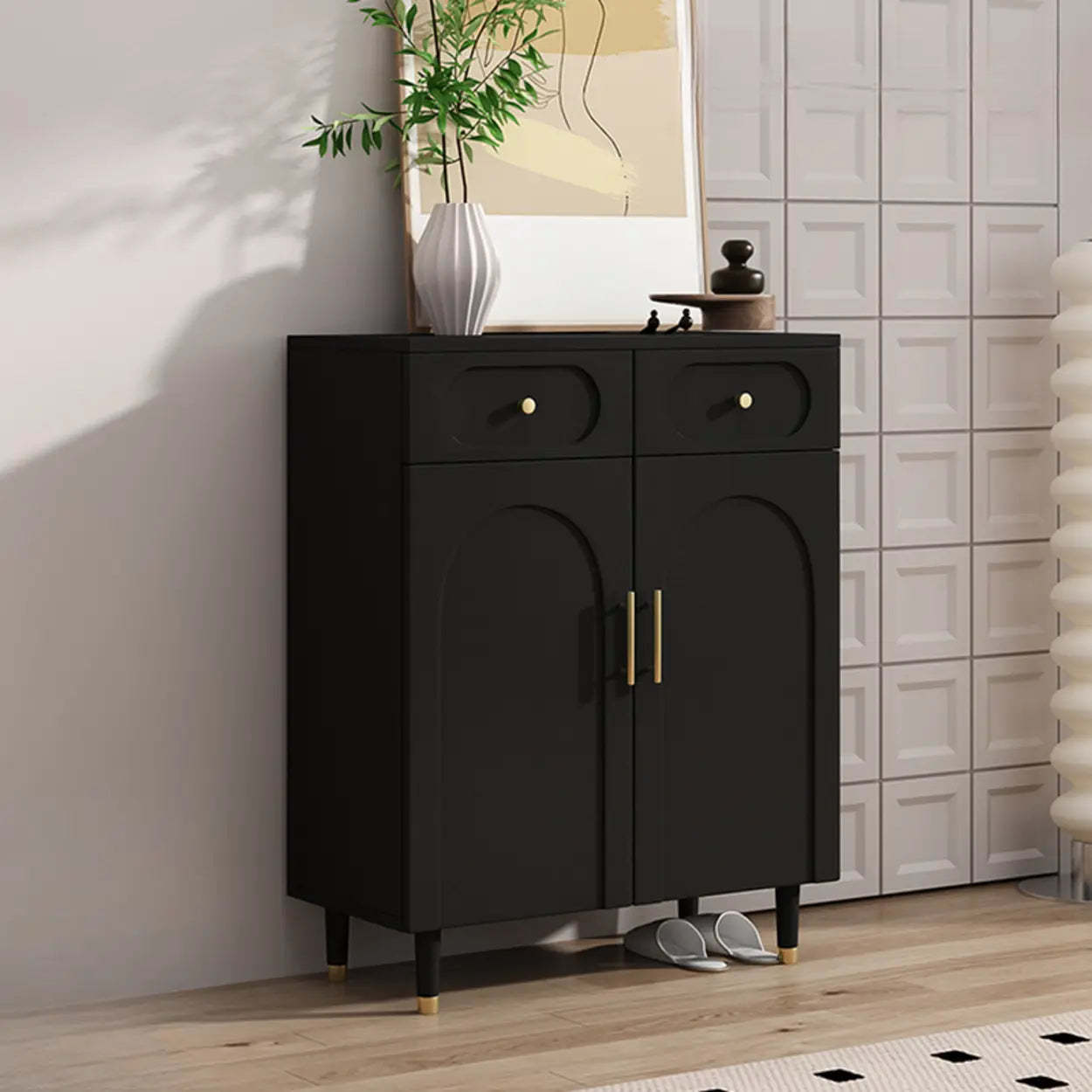 Modern White Arch Engineered Wood Shoe Cabinet — Fruit Green