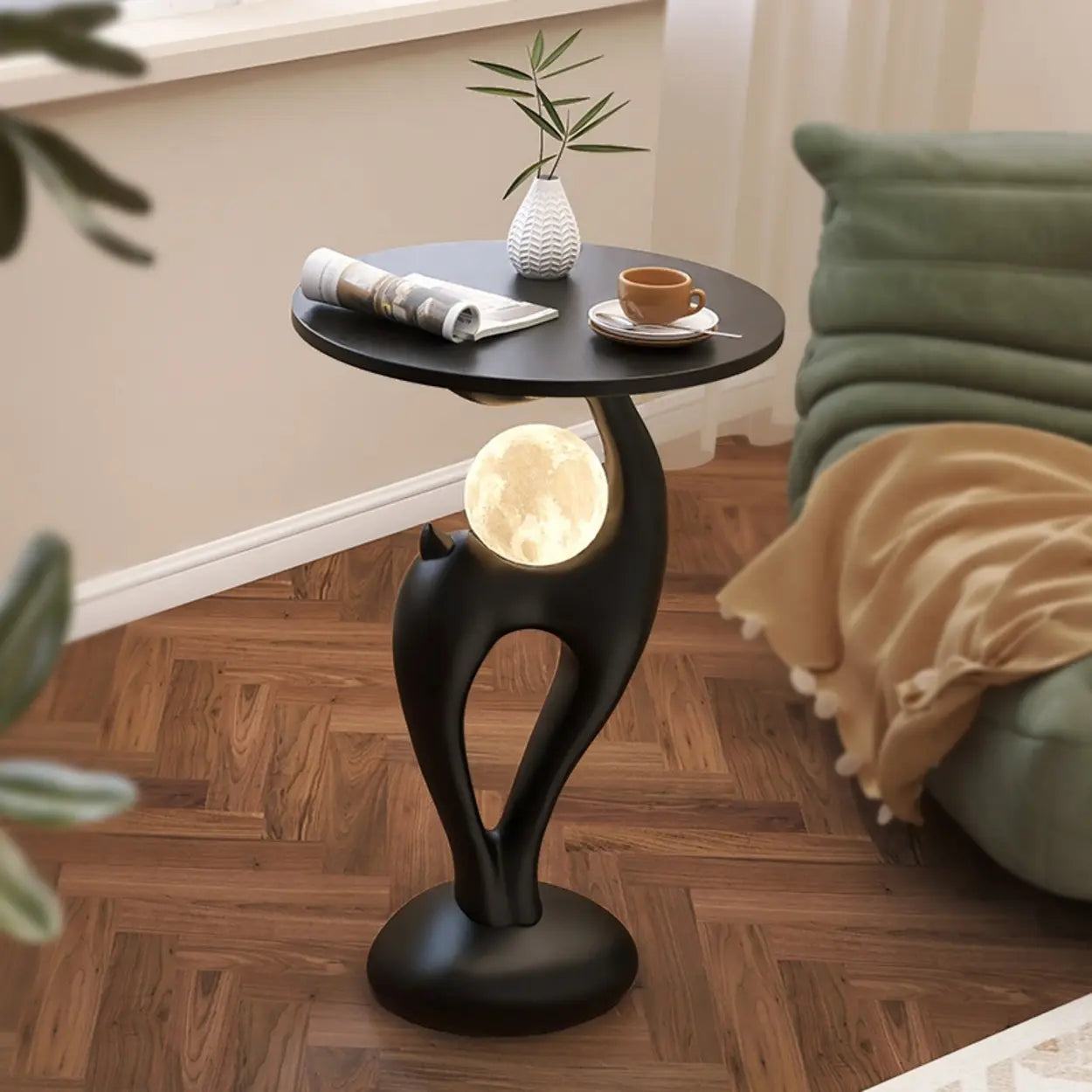 Modern Sculptural Animal Wood Side Table with Light